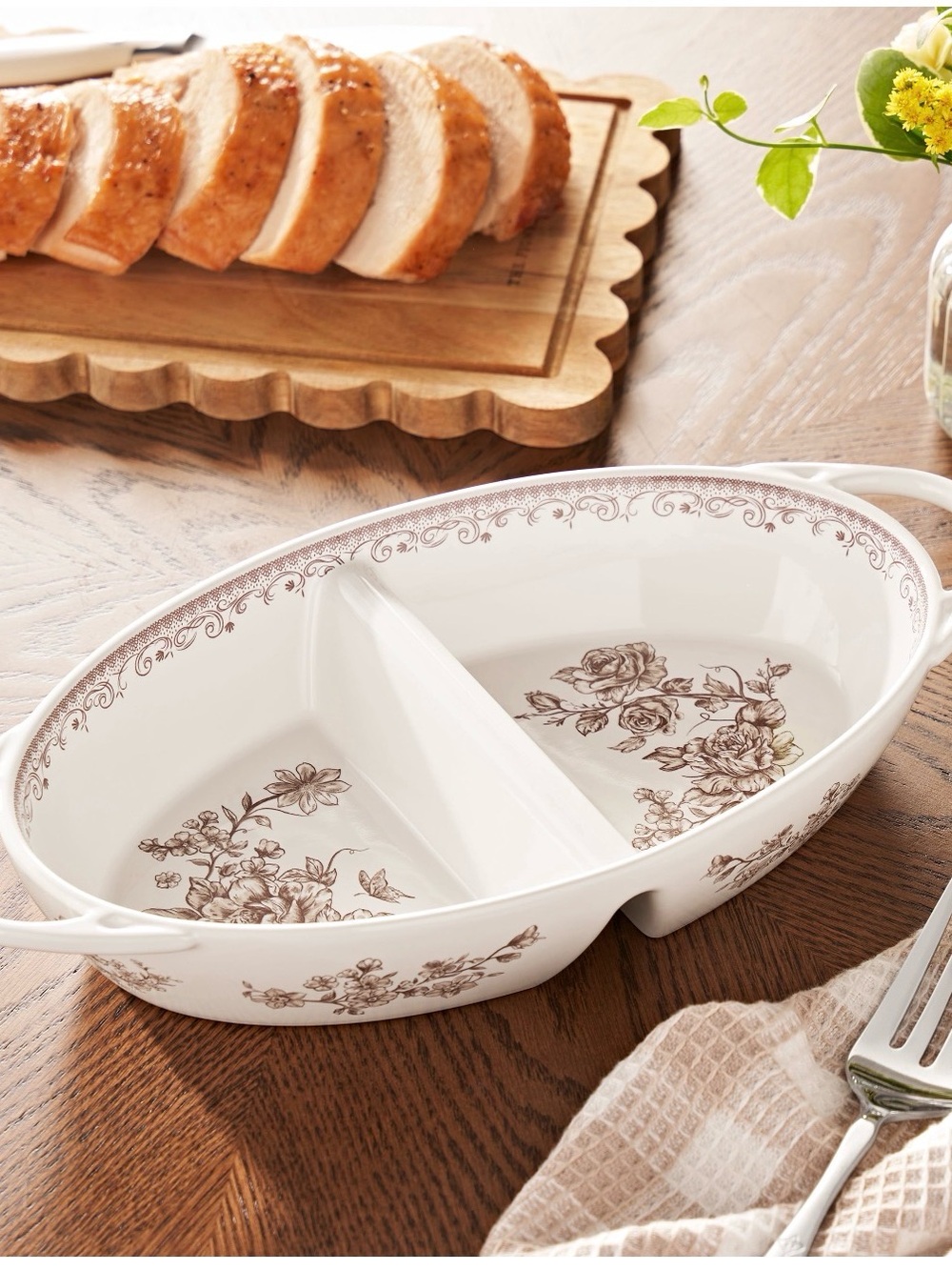 The Pioneer Woman Agatha Ceramic Divided Serving Dish with Brown Floral Trim